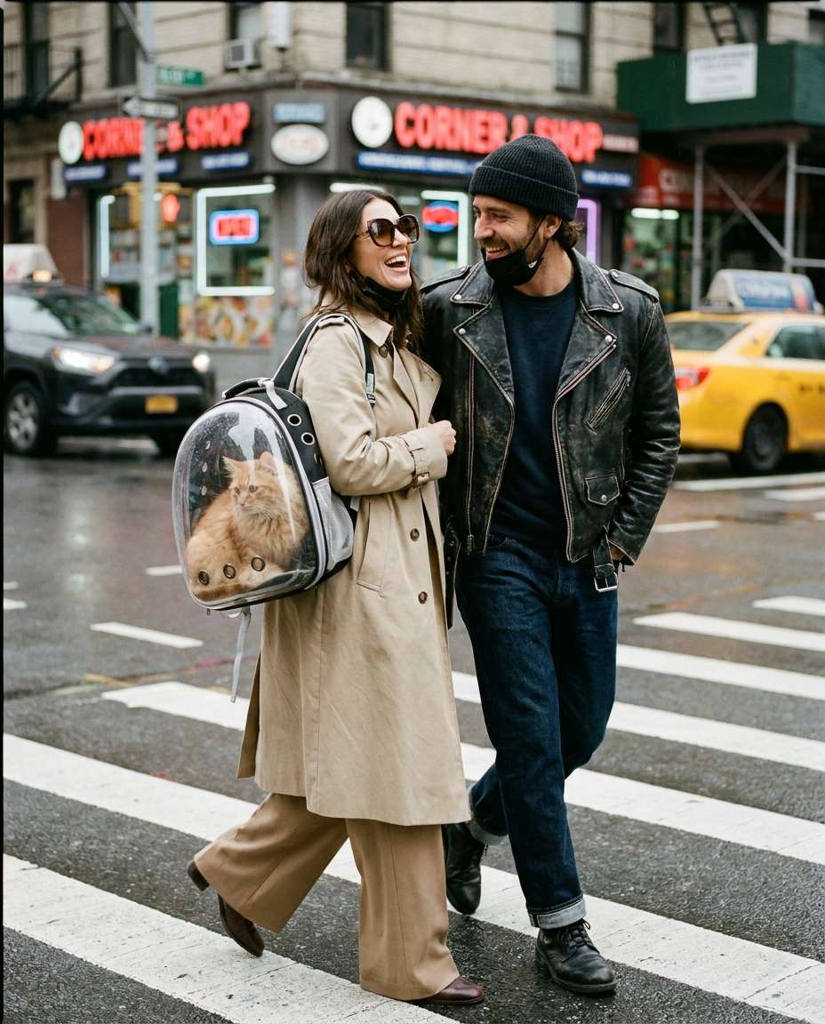 AI-generated Couple with a Cat in New York Street Style made with Nano Banana Pro