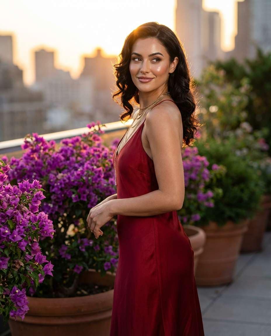 AI-generated Sunset Rooftop Dress Editorial made with Nano Banana Pro