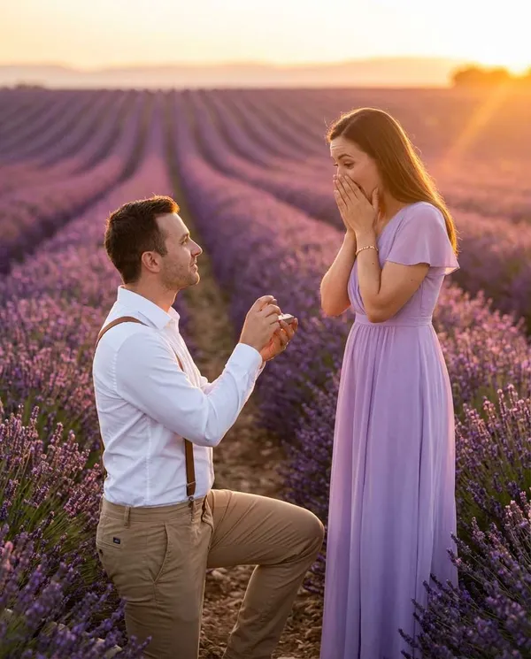 AI-generated Sunset Proposal in a Lavender Field made with Nano Banana Pro