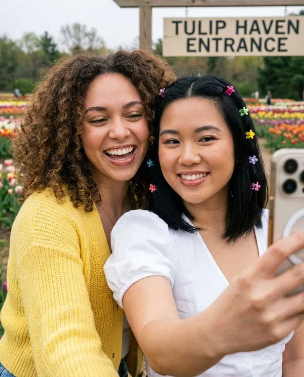 AI-generated Spring Tulip Garden Selfie made with Nano Banana Pro
