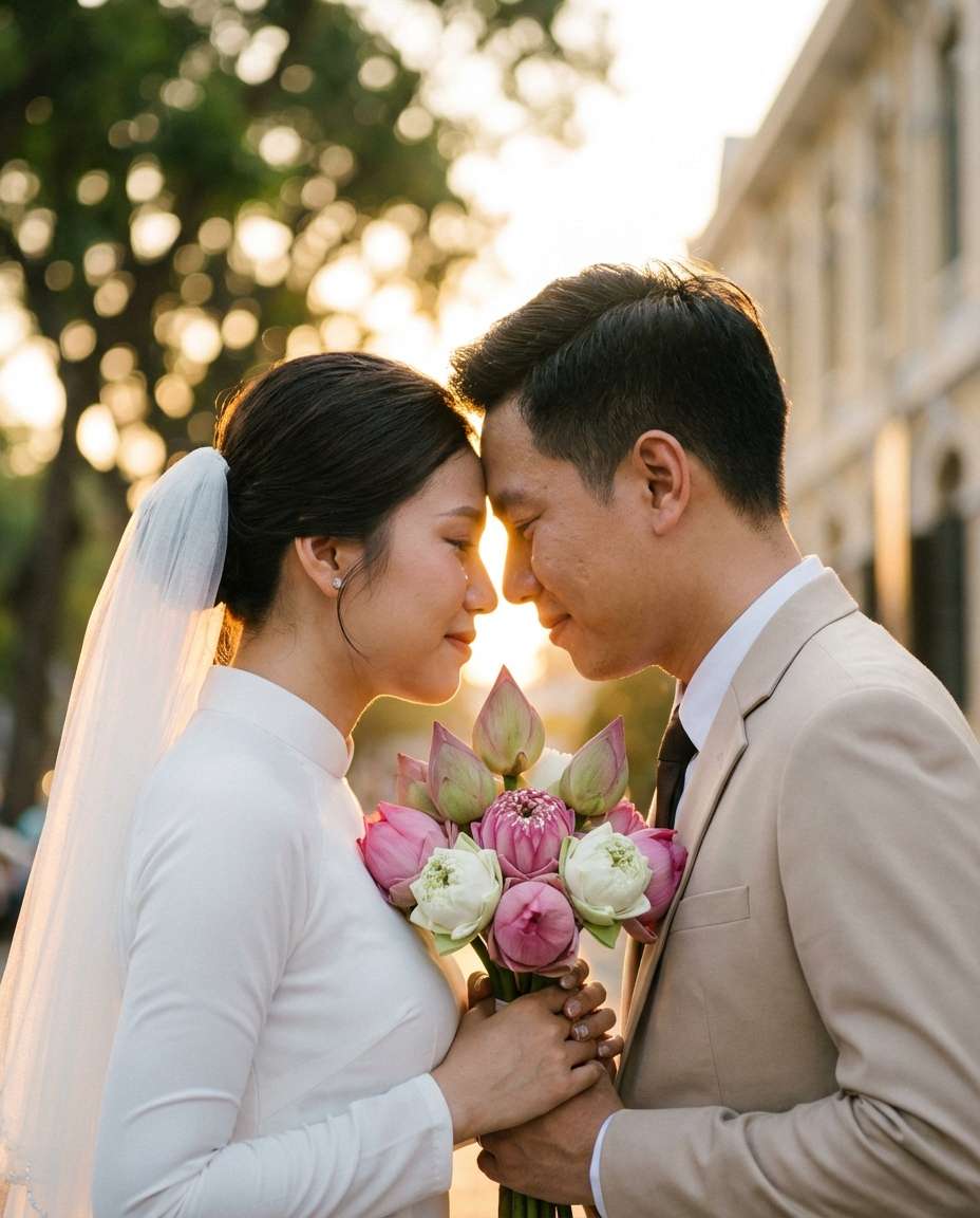 AI-generated Lotus Wedding Couple Close-Up made with Nano Banana Pro