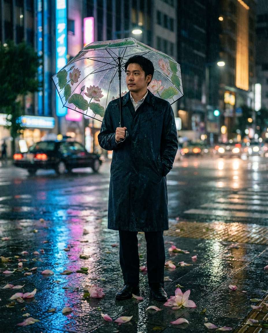 AI-generated Rainy Lotus Umbrella Portrait made with Nano Banana Pro