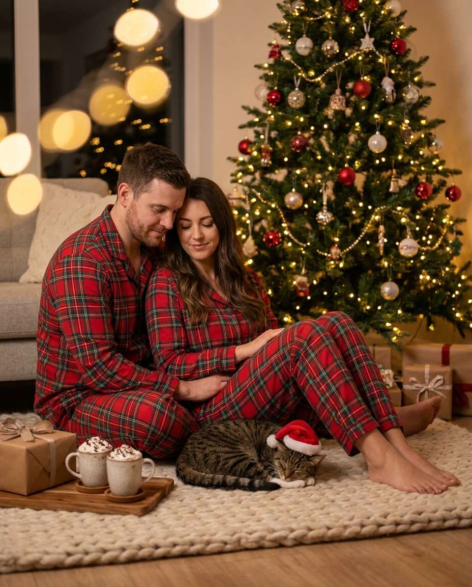 AI-generated Christmas Pajama Couple Portrait made with Nano Banana Pro