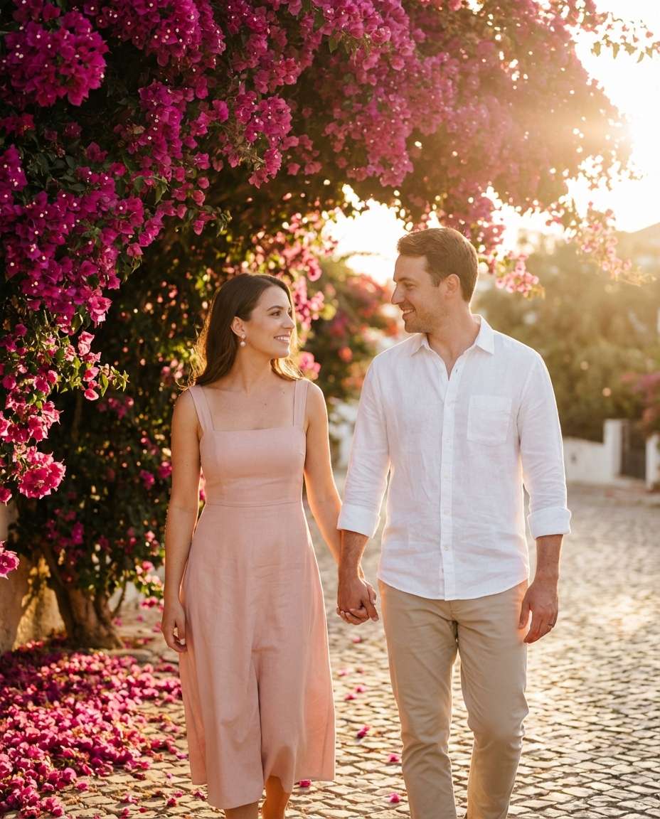 AI-generated Couple Stroll Under Bougainvillea made with Nano Banana Pro
