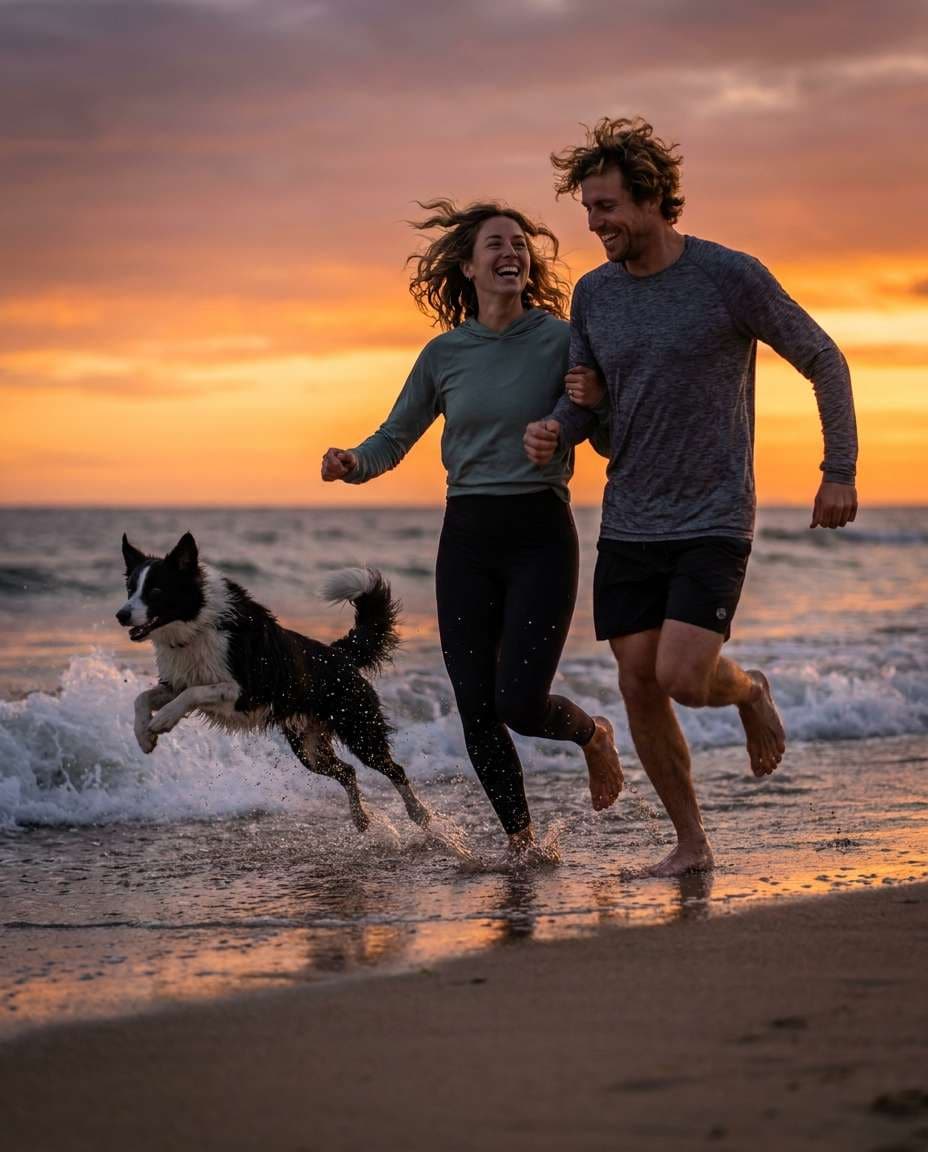 AI-generated Couple Running on the Beach with a Dog made with Nano Banana Pro