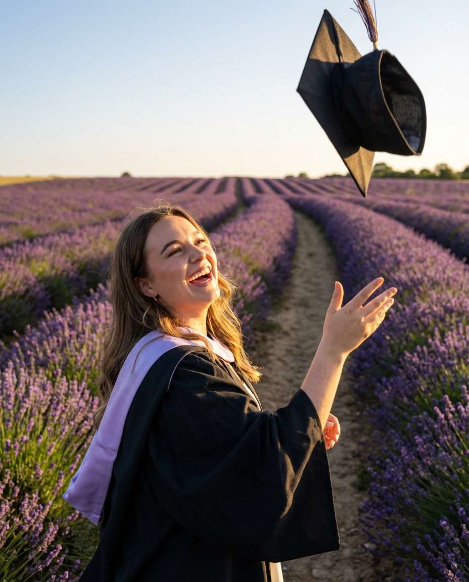 AI-generated Lavender Graduation Cap Toss made with Nano Banana Pro