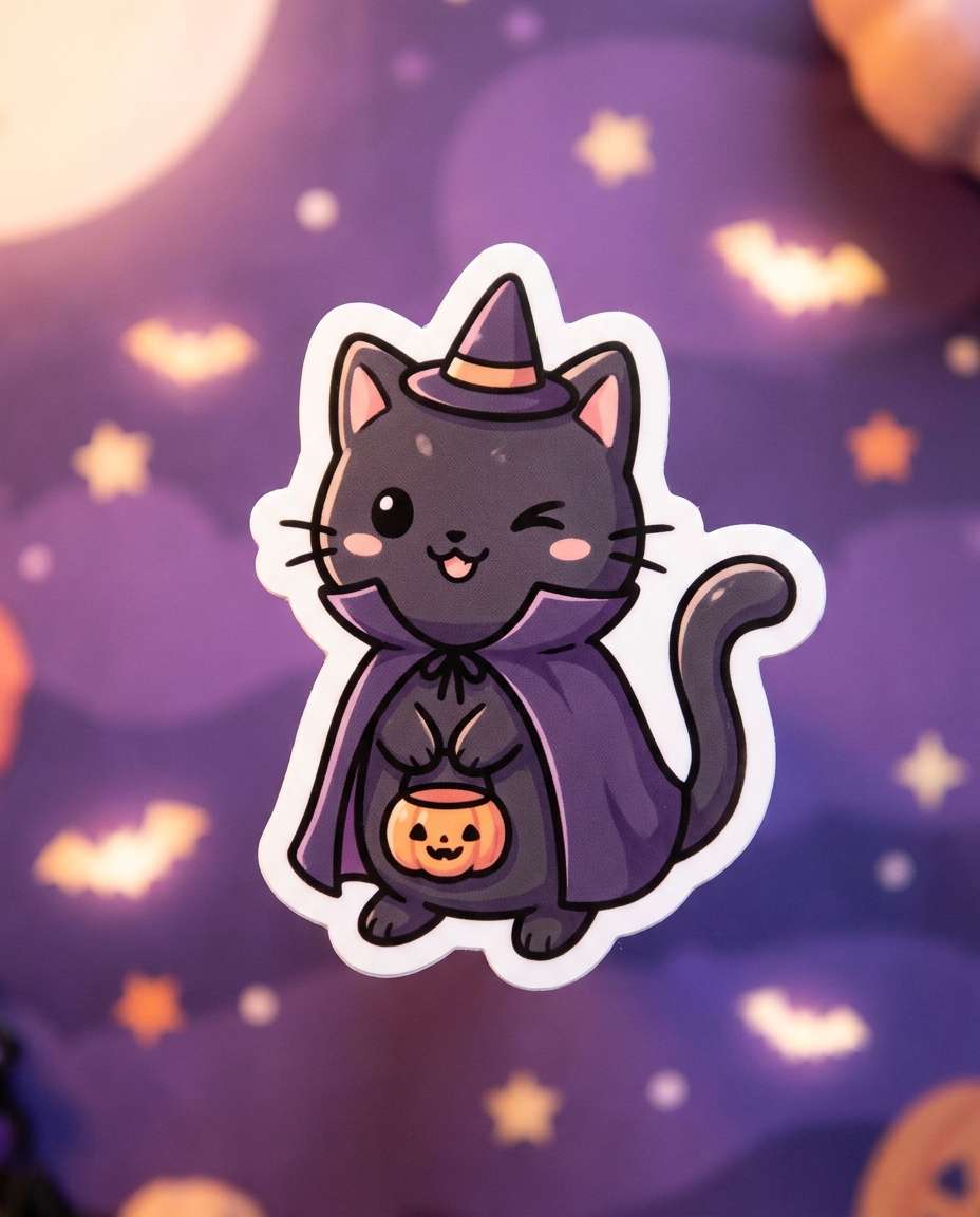 AI-generated Witchy Halloween Cat Sticker made with Nano Banana Pro