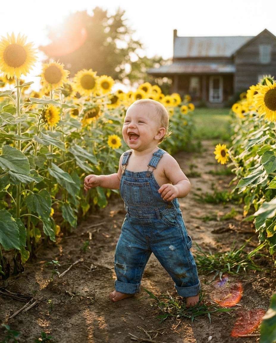 AI-generated Sunflower Overall Baby Portrait made with Nano Banana Pro