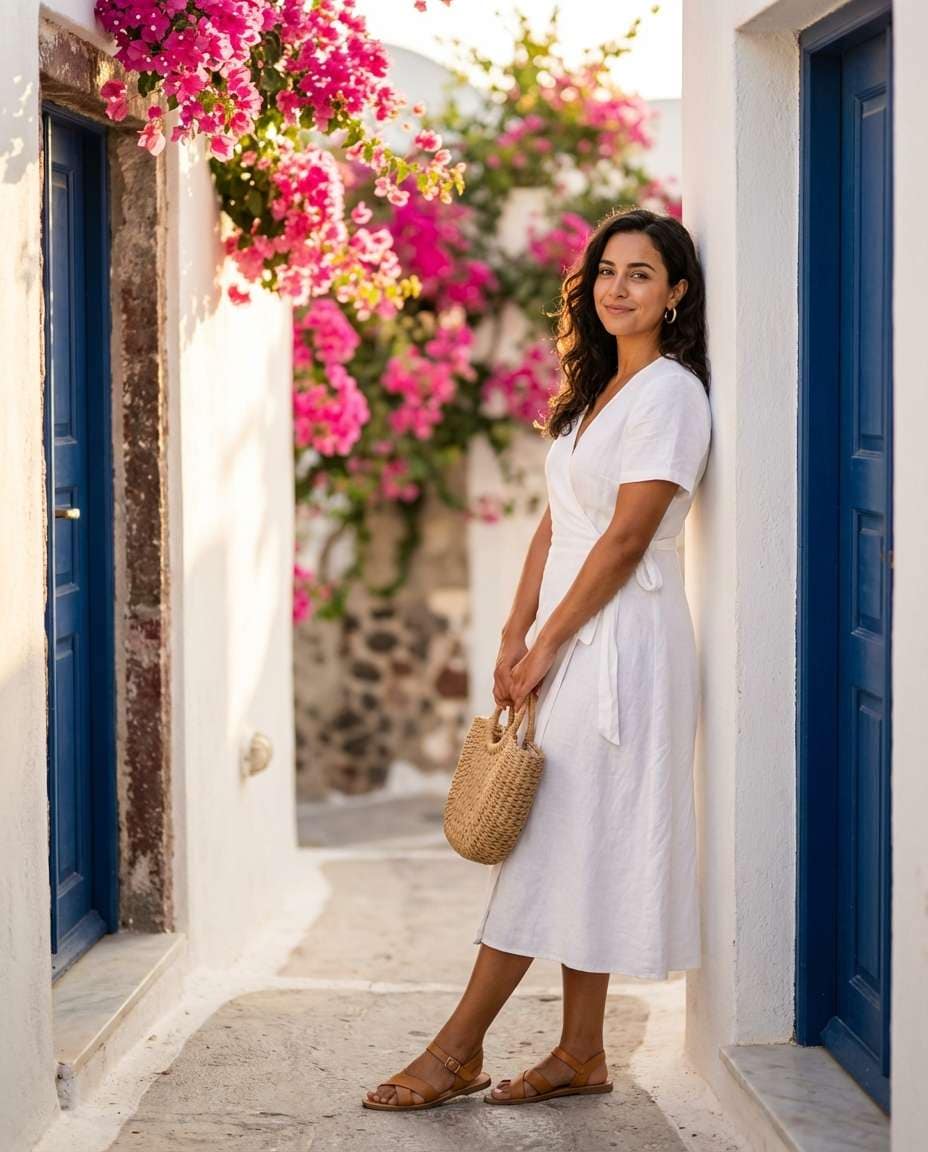 AI-generated Summer Portrait on a Santorini Flower Lane made with Nano Banana Pro