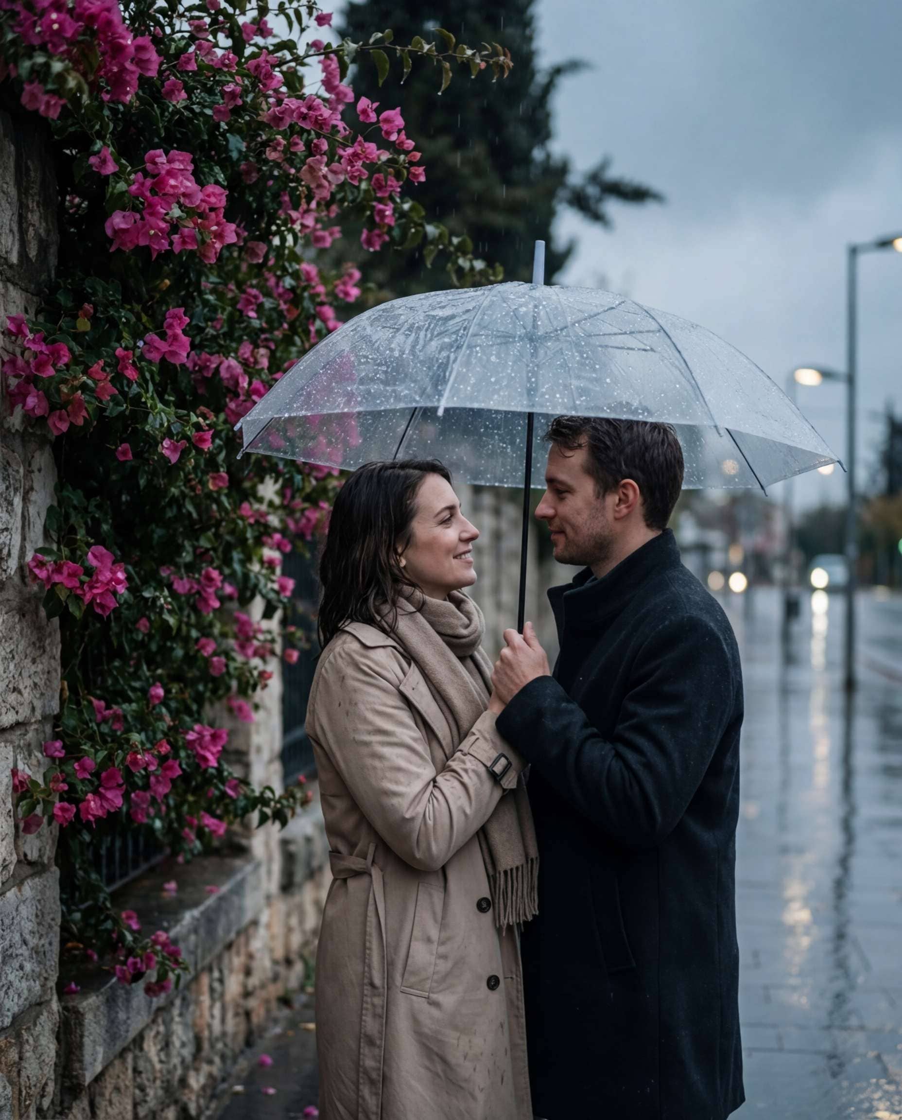 AI-generated Rainy Bougainvillea Couple made with Nano Banana Pro