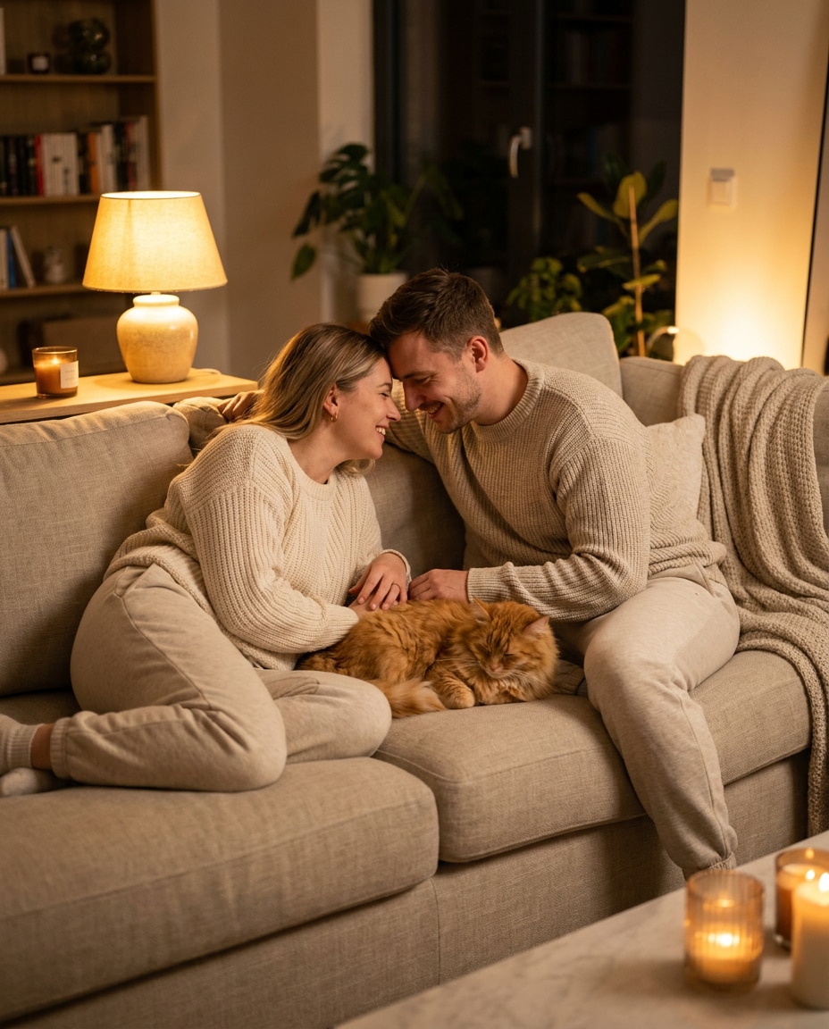 AI-generated Couple Hugging with a Cat on the Sofa made with Nano Banana Pro