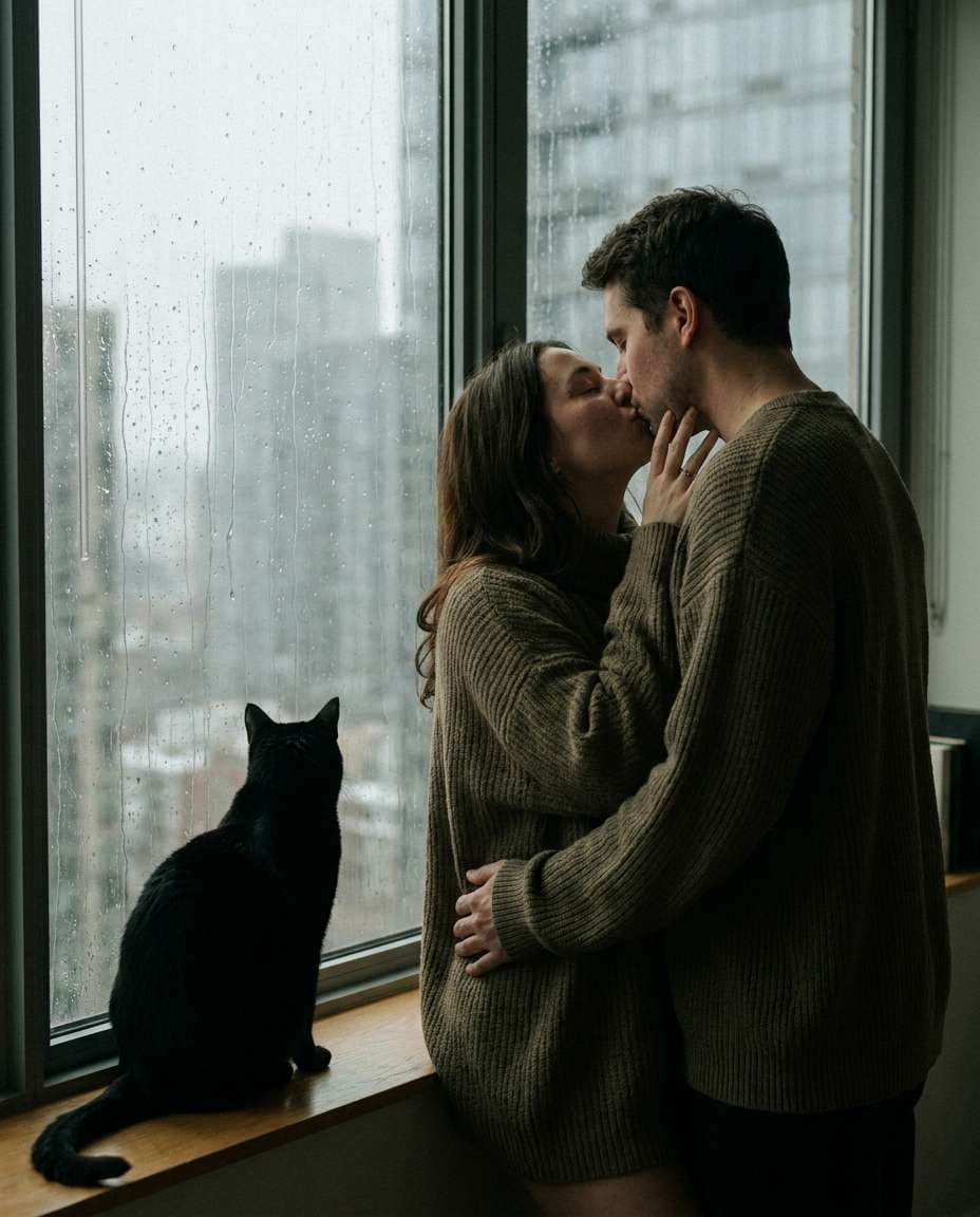 AI-generated Couple Kissing by a Rainy Window made with Nano Banana Pro