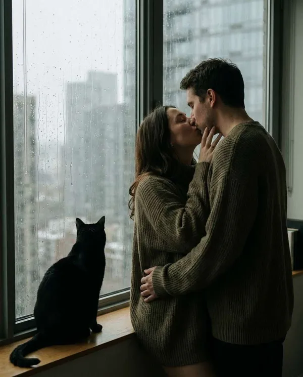AI-generated Couple Kissing by a Rainy Window made with Nano Banana Pro