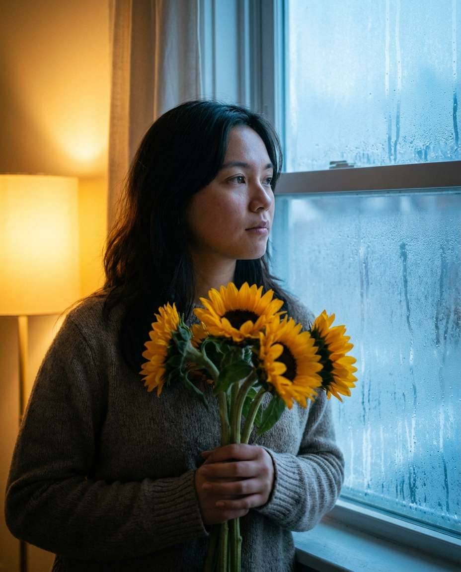 나노바나나 프로로 생성한 겨울 창가 해바라기 초상
