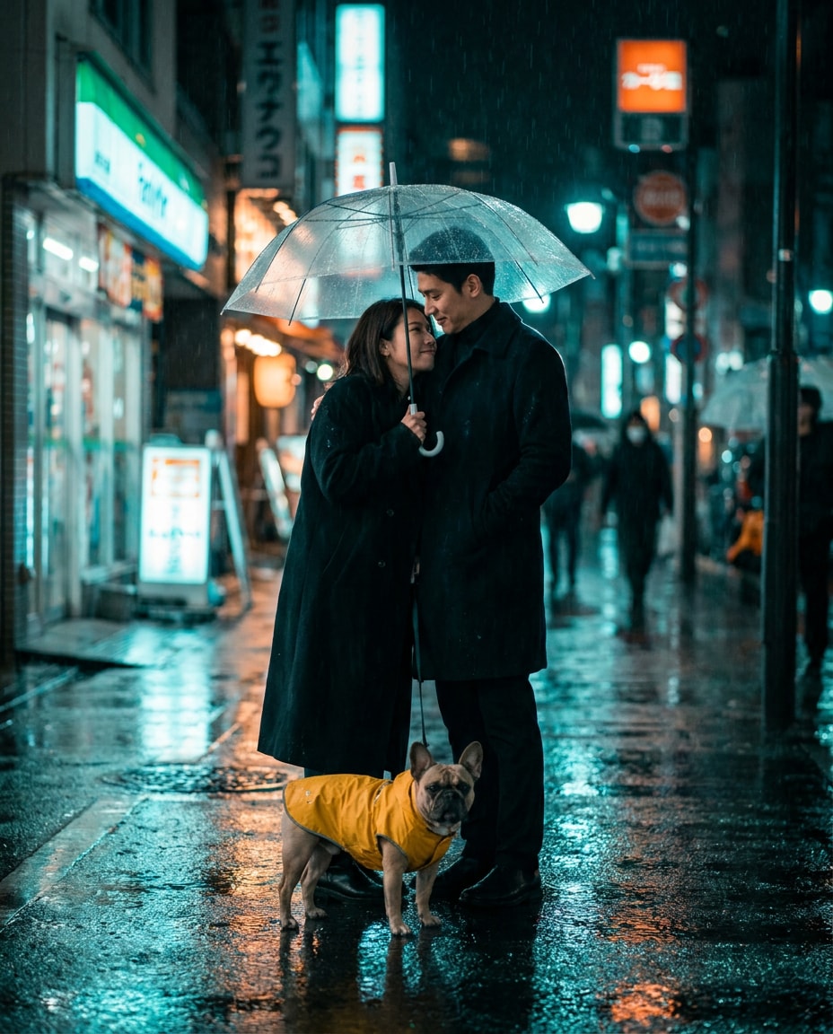AI-generated Rainy City Date with a Dog made with Nano Banana Pro