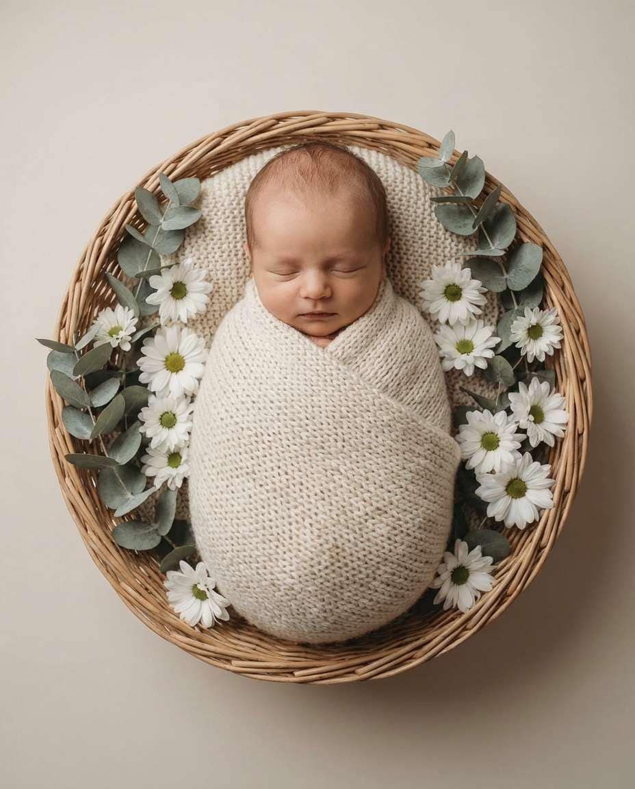 AI-generated Newborn in a Flower Basket made with Nano Banana Pro