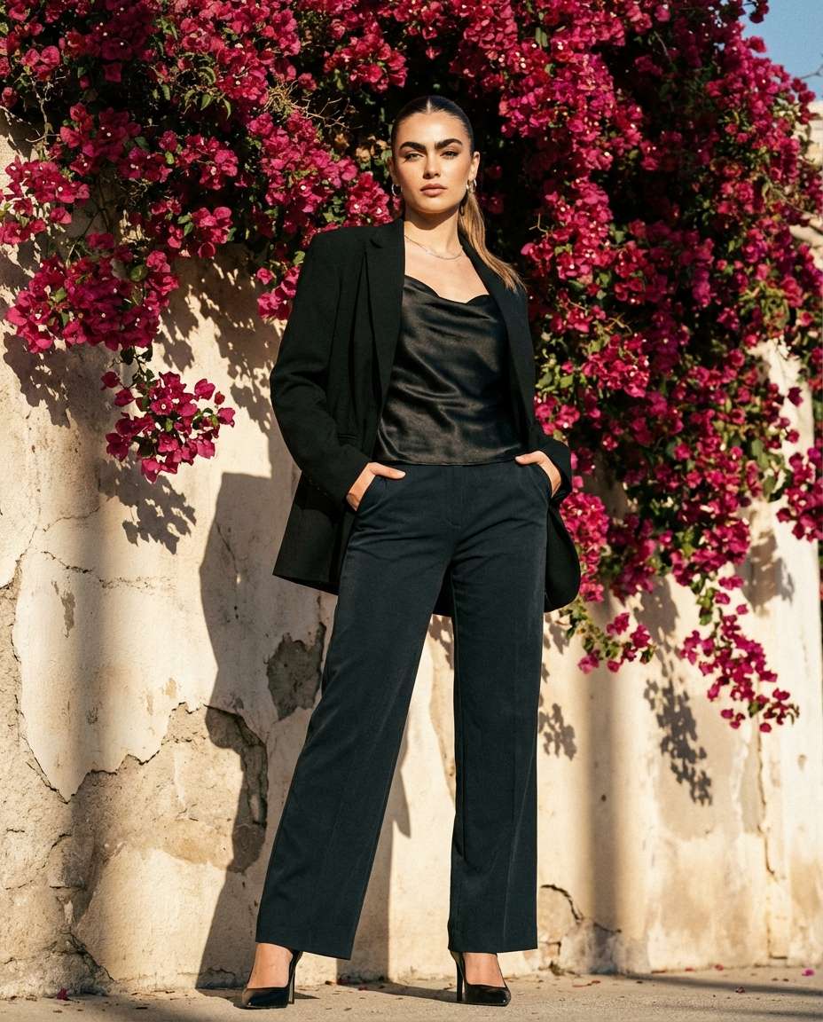 AI-generated Editorial Pose by a Pink Flower Wall made with Nano Banana Pro