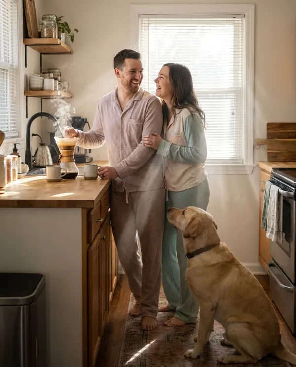 AI-generated Couple Morning Coffee with a Dog made with Nano Banana Pro