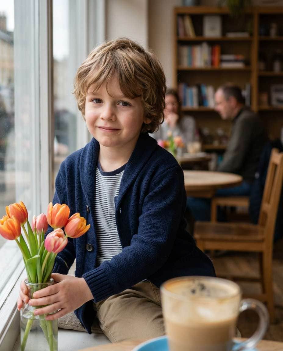 AI-generated Cafe Window Bouquet Portrait made with Nano Banana Pro