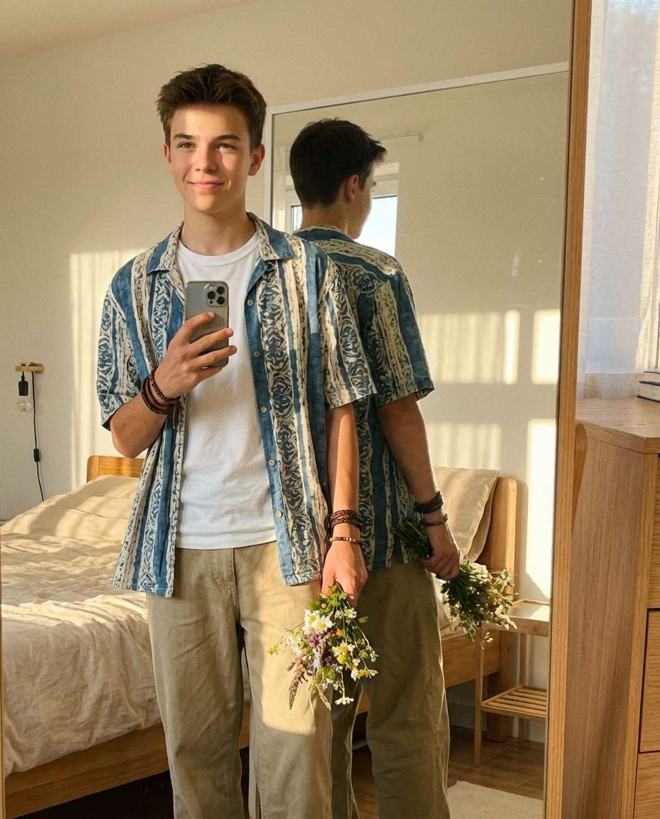 AI-generated Mirror OOTD with Flowers made with Nano Banana Pro