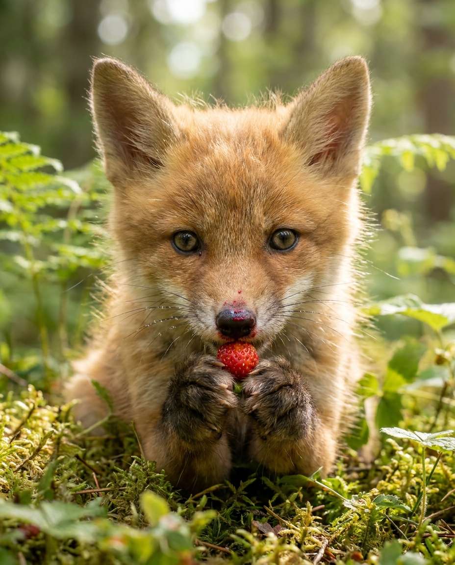 AI-generated Baby Fox Eating a Wild Strawberry made with Nano Banana Pro