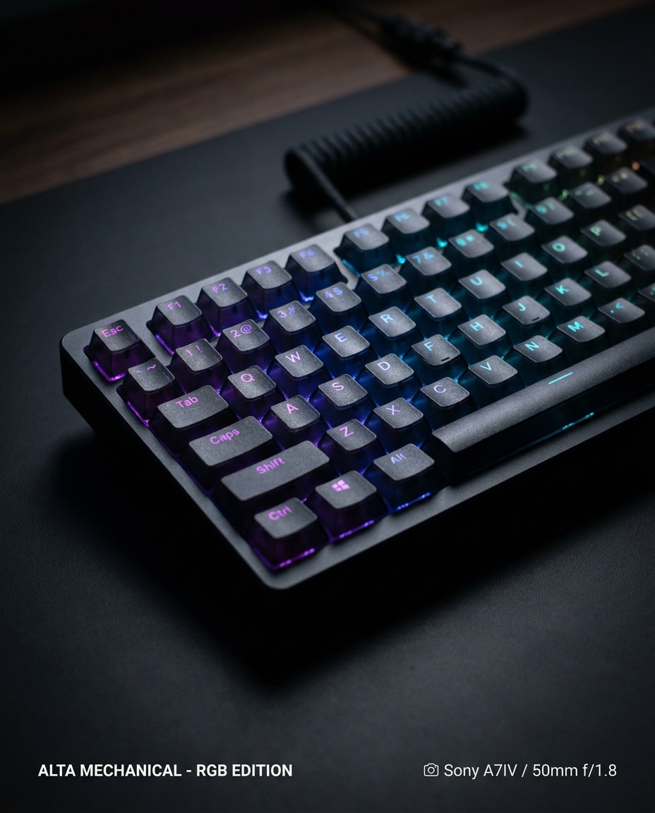 AI-generated RGB Keyboard Close-Up Product Photo made with Nano Banana Pro