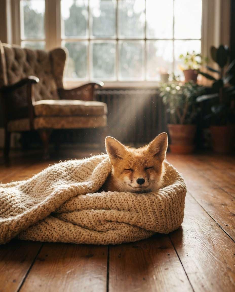 AI-generated Baby Fox Wrapped in a Cozy Blanket made with Nano Banana Pro