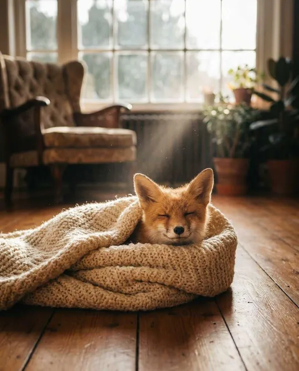 AI-generated Baby Fox Wrapped in a Cozy Blanket made with Nano Banana Pro
