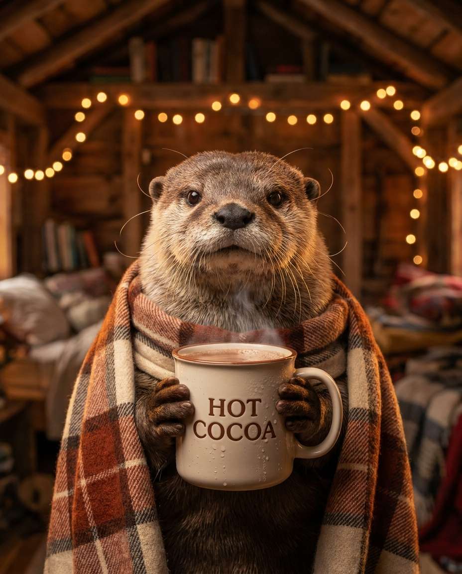 AI-generated Otter with Hot Cocoa made with Nano Banana Pro