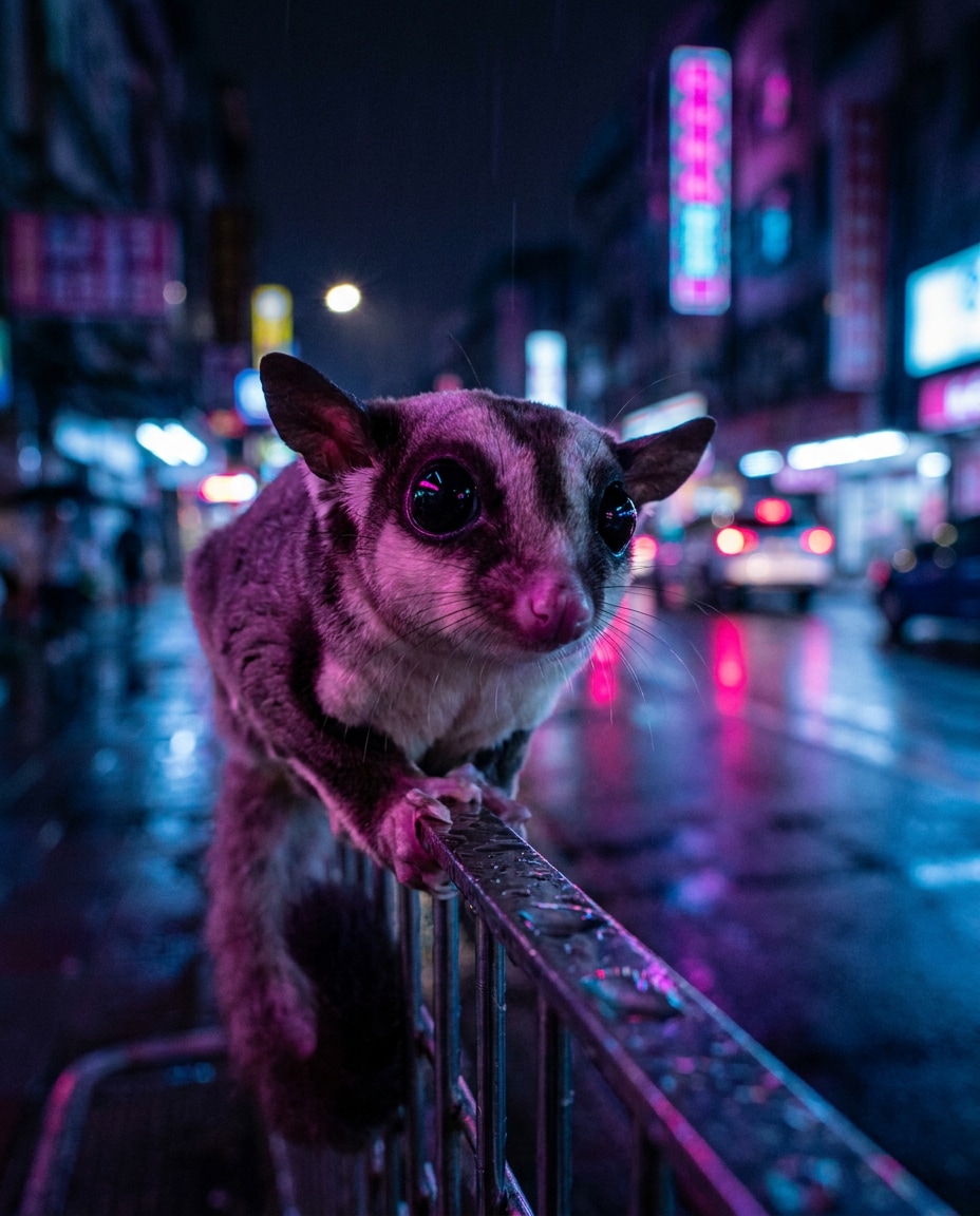 AI-generated Sugar Glider in a Neon City made with Nano Banana Pro