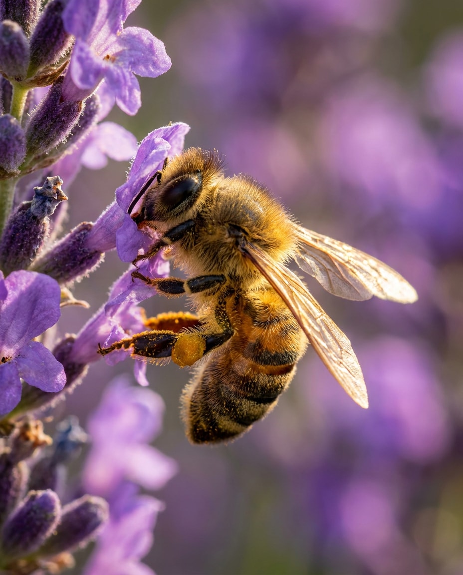 AI-generated Bee on Lavender Macro made with Nano Banana Pro