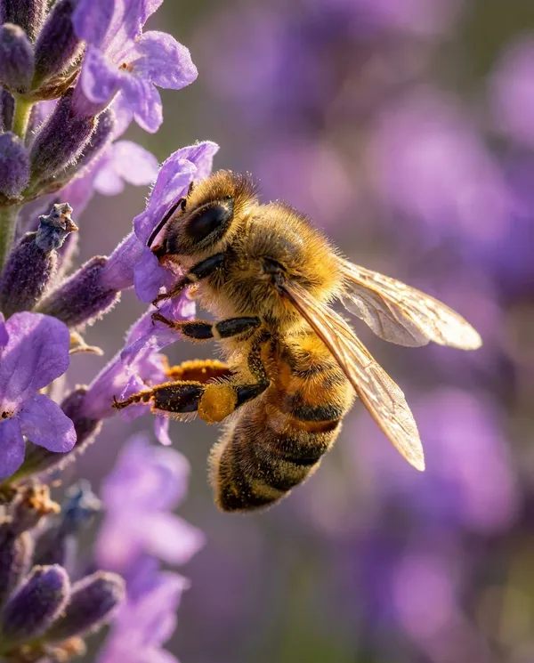 AI-generated Bee on Lavender Macro made with Nano Banana Pro