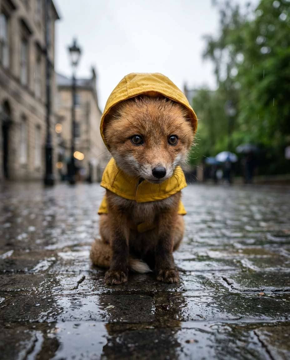 AI-generated Baby Fox in a Rainy-Day Hood made with Nano Banana Pro