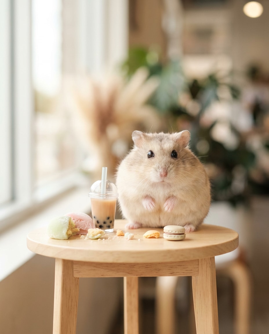 AI-generated Bubble Tea Cafe Hamster made with Nano Banana Pro