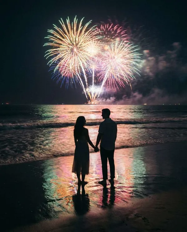 AI-generated Beach Fireworks Silhouette made with Nano Banana Pro