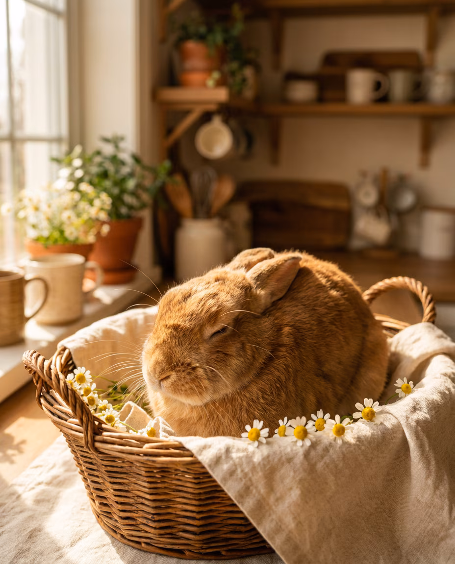 AI-generated Cottagecore Rabbit Basket Nap made with Nano Banana Pro