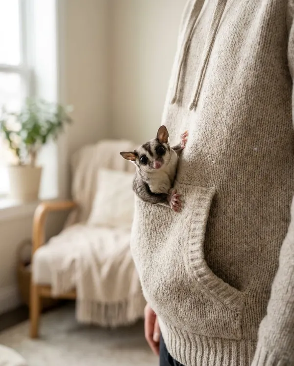 AI-generated Sugar Glider in a Cozy Hoodie Pocket made with Nano Banana Pro