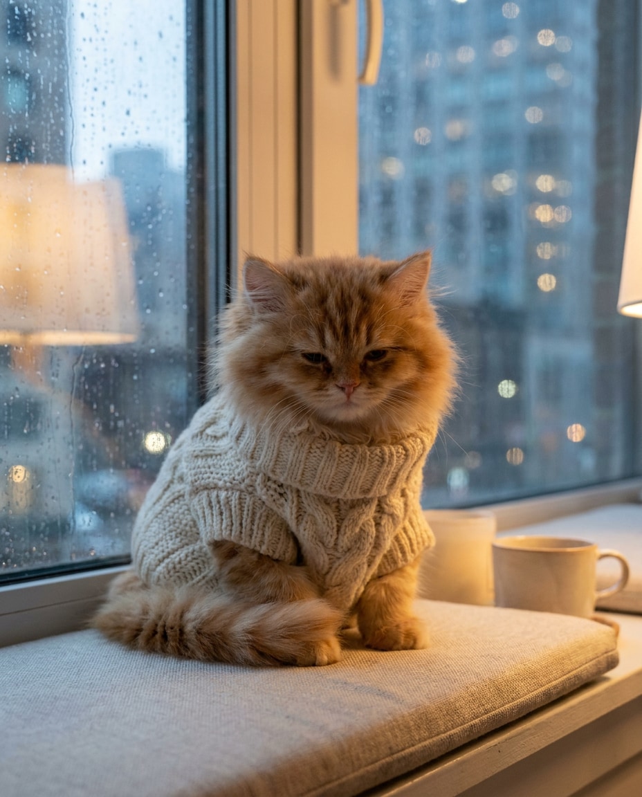 AI-generated Rainy Window Sweater Cat made with Nano Banana Pro