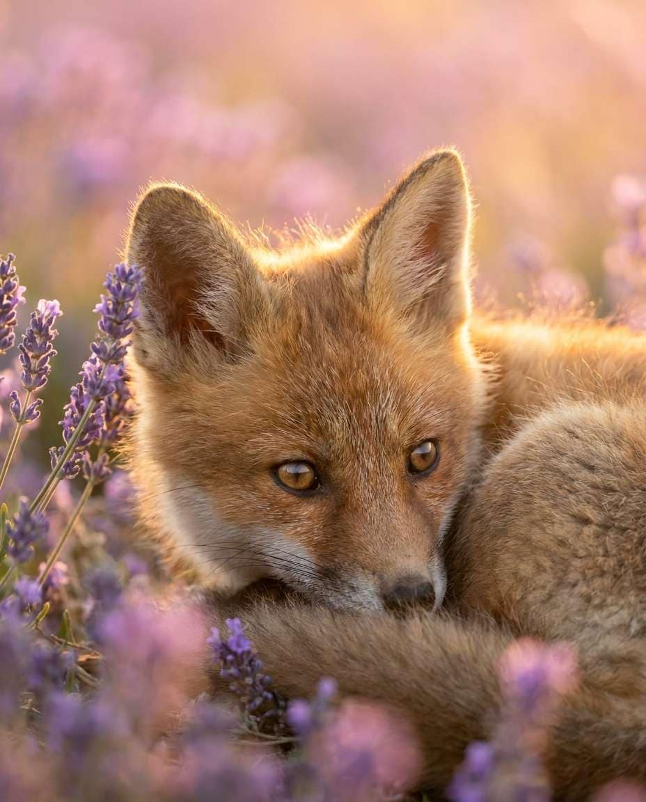 AI-generated Baby Fox in a Lavender Field made with Nano Banana Pro