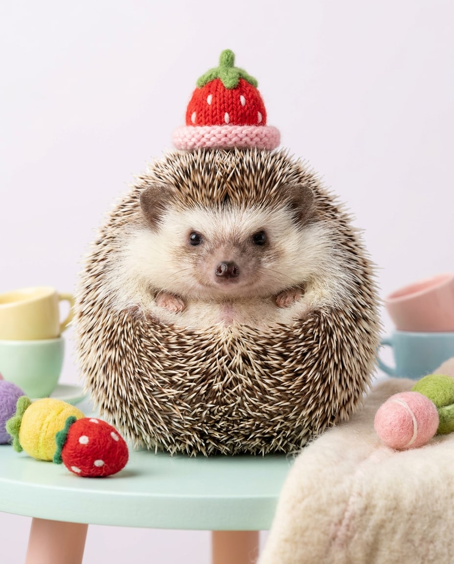 AI-generated Strawberry-Hat Hedgehog made with Nano Banana Pro