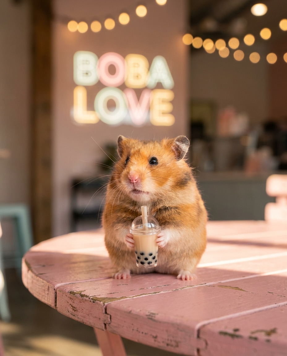 AI-generated Hamster with Mini Bubble Tea made with Nano Banana Pro