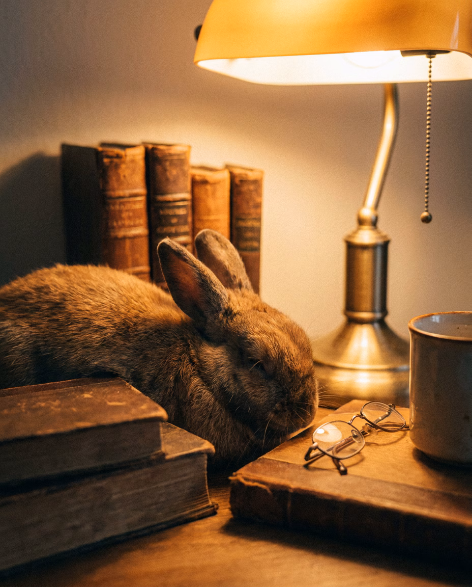 AI-generated Cozy Book Nook Rabbit made with Nano Banana Pro