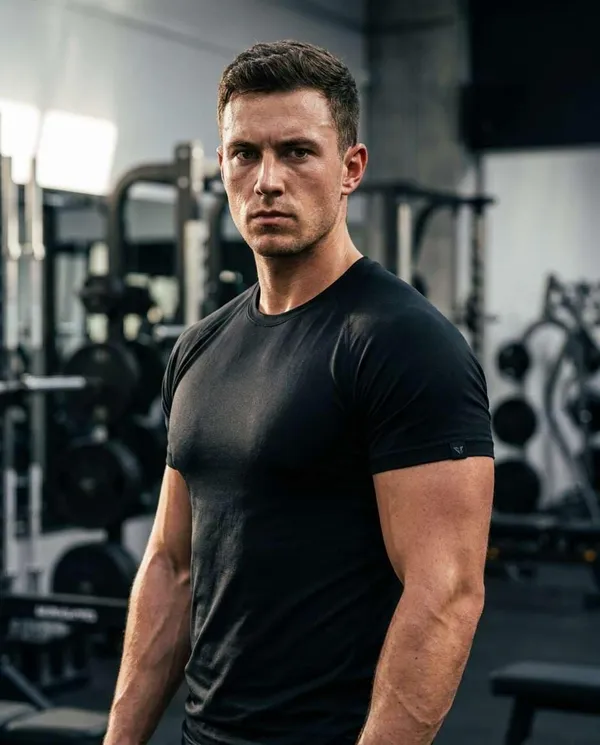AI-generated Gym Black T-Shirt Fitness Portrait made with Nano Banana Pro