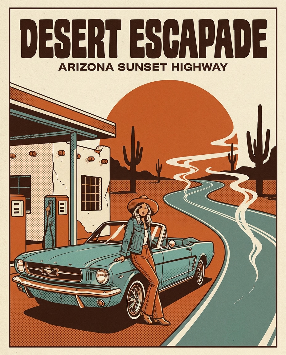 AI-generated Desert Road Trip Poster made with Nano Banana Pro