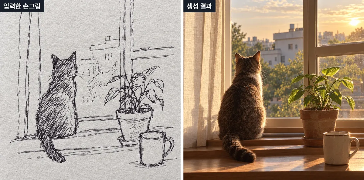 ▲ 왼쪽이 입력한 손그림, 오른쪽이 결과물. 고양이 자세와 화분·머그컵 위치까지 그대로 옮겨왔어요.