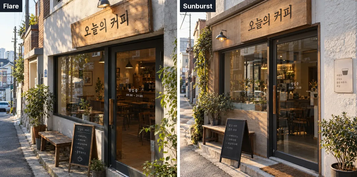 ▲ 왼쪽 Flare, 오른쪽 Sunburst. 나무 간판의 '오늘의 커피'와 유리문의 영업시간을 둘 다 정확하게 써냈어요.