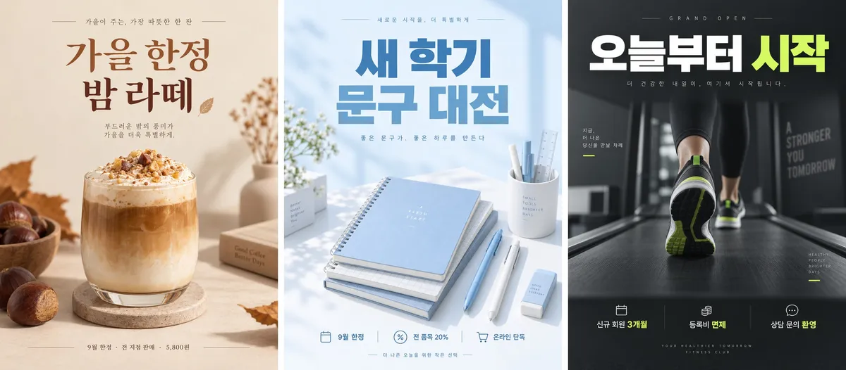 ▲ Sunburst로 뽑은 한글 포스터 시안 세 장. 제목과 부제, 하단 가격 안내까지 정확하게 써냈어요.
