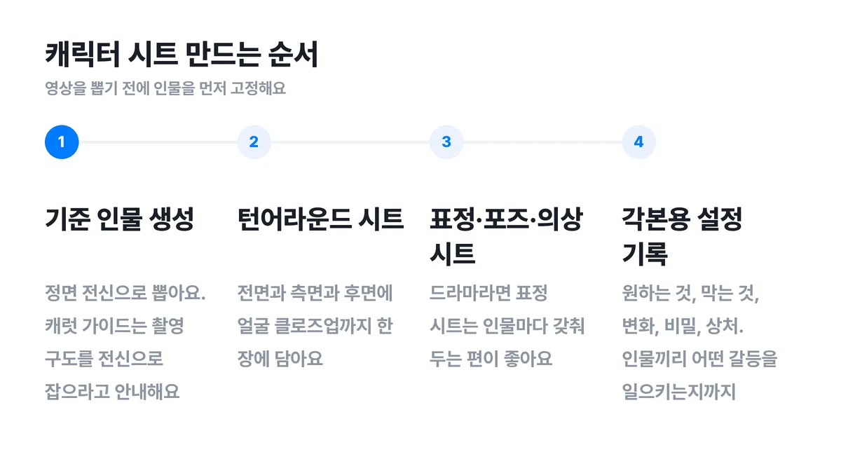 ▲ 캐릭터 시트를 만드는 두 단계와 시트 네 종류. 기준 이미지를 먼저 뽑고 시트로 펼치는 순서예요.