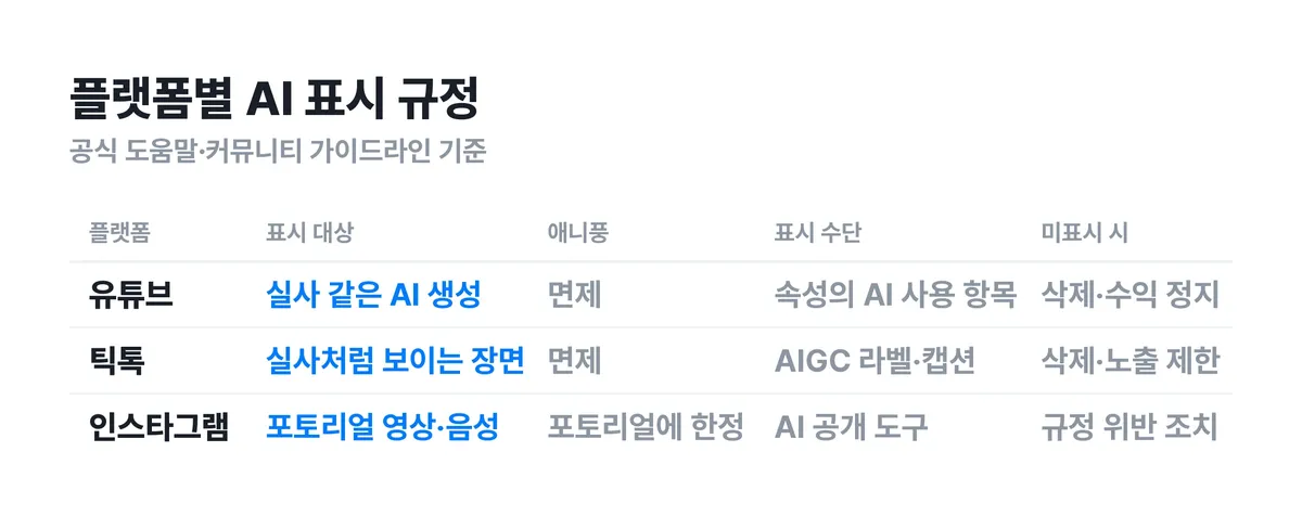 ▲ 주요 플랫폼의 AI 생성 콘텐츠 표시 항목 비교. 업로드 단계에서 창작자가 직접 체크하는 자리예요.