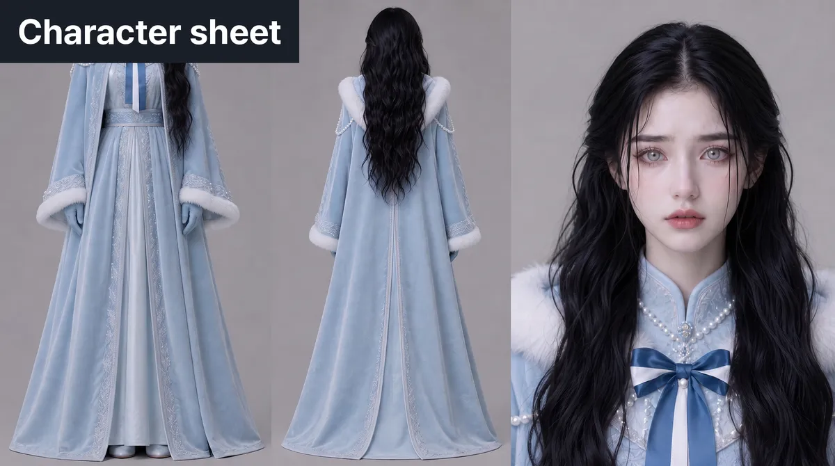 ▲ An actual character sheet used in the Carat Series title Bride Offered to the Dragon. Full body front and back plus the face on one image.